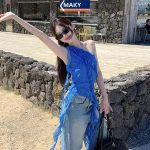 Áo Thun Nữ Màu Xanh Chấm Bi Mùa Hè, Không Tay Viền Xù