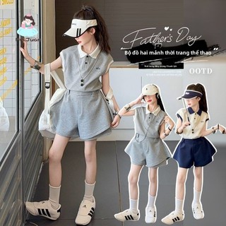 Bộ đồ bé gái polo thể thao - Áo sát nách phối màu váy quần chữ A set 2 món năng động