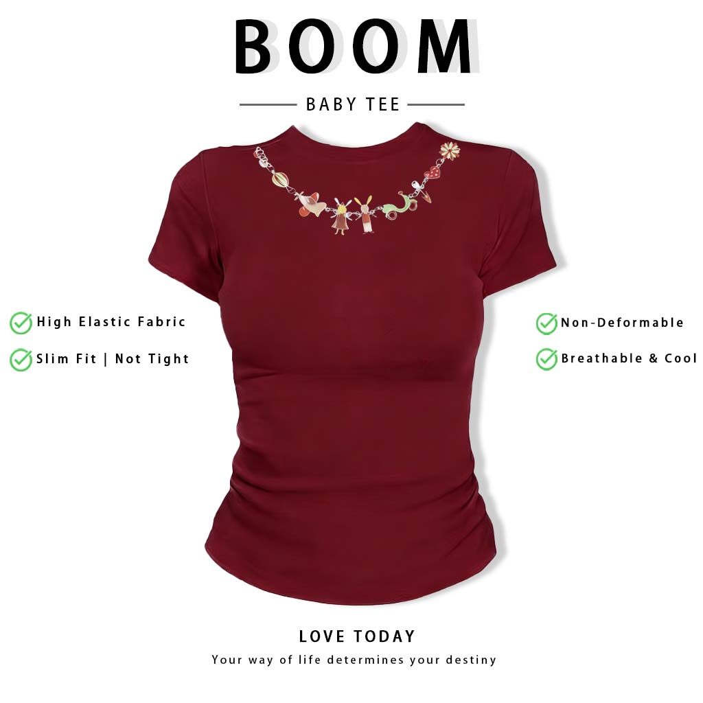 BOOM Áo Baby Tee Nữ Cotton Ôm Body-Áo Thun Ngắn Tay Y2K In Hình PhongCách Mùa Hè, Cổ Tròn Hàng Đầucách hàn quốc phongR14