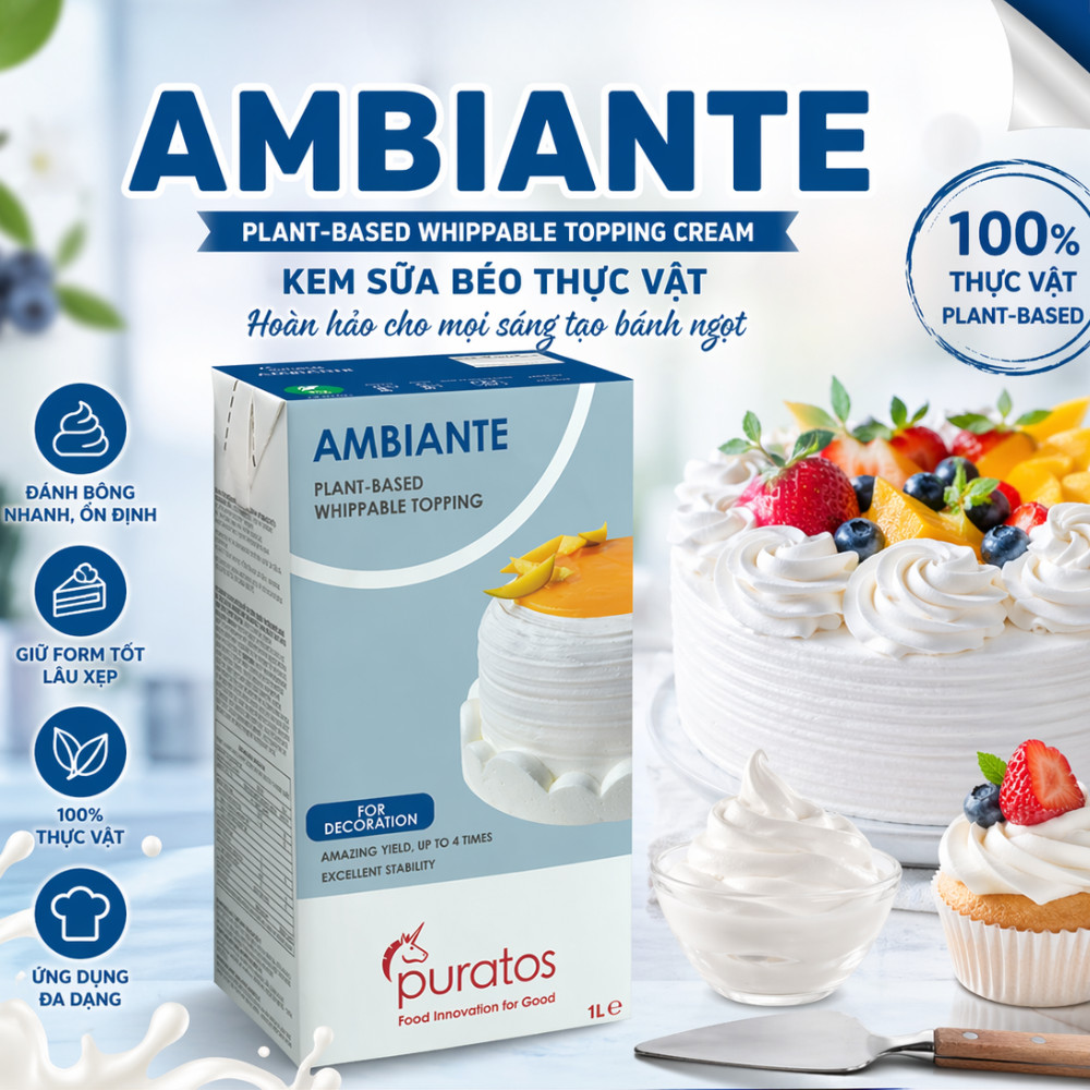 Kem Sữa Béo Thực Vật Ambiante Topping Cream Hộp 1L, Dùng Cho Bánh Mousse, Pudding Hoặc Bánh Tiramisu