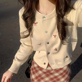 Áo khoác cardigan dệt kim thêu nơ hình cún con, kiểu dáng thời trang nhẹ nhàng, ngắn tay, đa năng dành cho nữ.