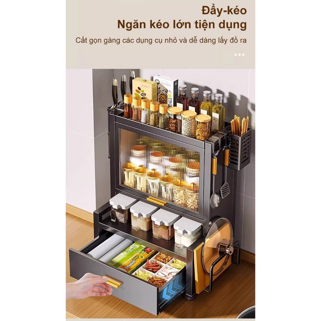 Tủ đựng gia vị nhà bếp thép cacbon Kệ để gia có cánh chống bụi trong suốt Kệ đựng đồ đa năng
