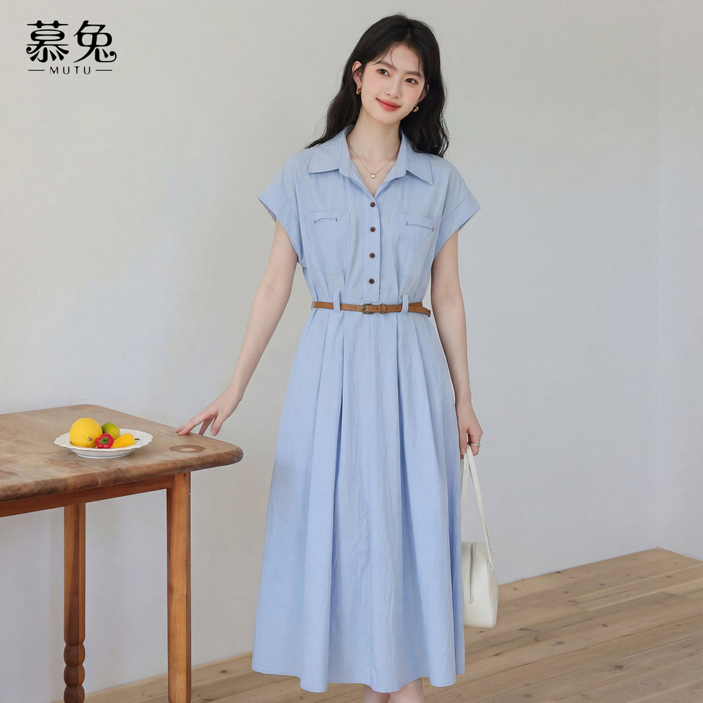 Mút áo sơ mi tay ngắn màu xanh dương phong cách Hàn Quốc, phù hợp mặc mùa hè