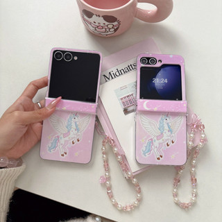 Ins tưởng tượng kỳ lân hoạt hình dễ thương có dây chuyền vỏ điện thoại cho samsung z flip 7 6 5 4 3 flip7 flip6 flp5