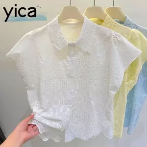 Áo cổ ren YICA dáng rộng vừa vặn, thêu đẹp mắt, phù hợp cho nữ