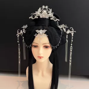 Phong Cách Cổ Tích Bạc Tua Rua Hanfu Cổ Thoáng Mát Cảm Giác Mũ Đội Đầu Trang Phục Cổ Bước Lắc Tua Rua Đầu Trước Trang Trí Dây Xích Tóc Vương Miện Bộ