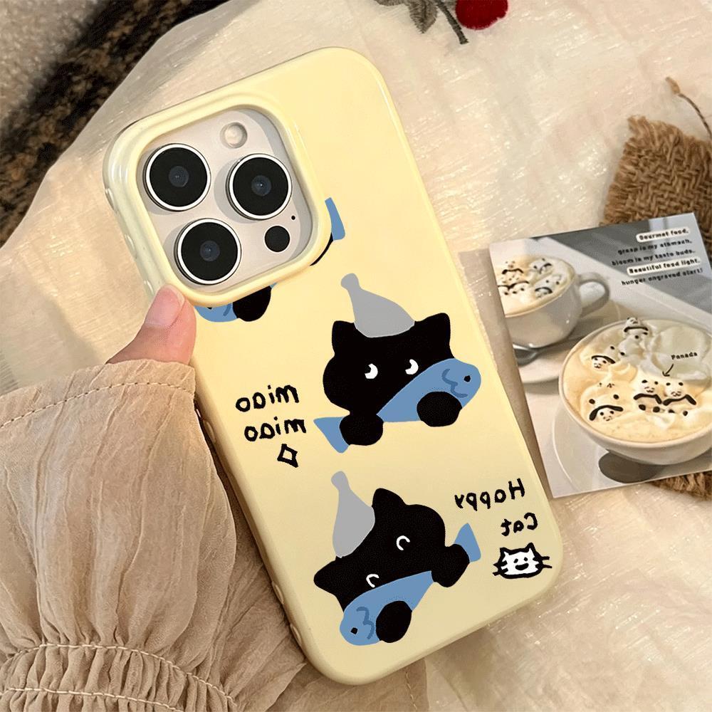 Mèo đen ăn cá cho trường hợp iPhone 17pro iPhone 16/15/14/13 kết cấu giả da