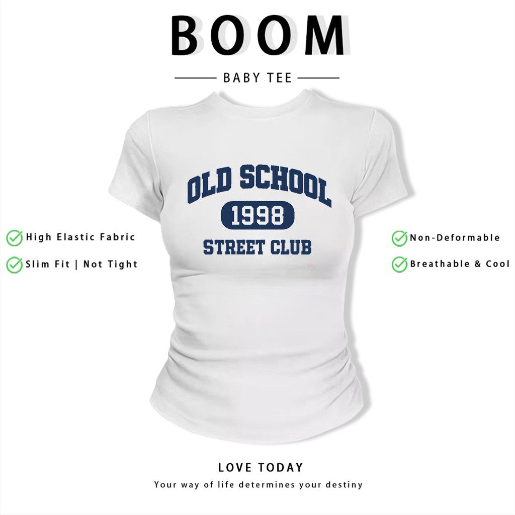 BOOM Áo Baby Tee Nữ Cotton Ôm Body-Áo Thun Ngắn Tay Y2K In Hình PhongCách Mùa Hè, Cổ Tròn Hàng Đầucách hàn quốc phongA48
