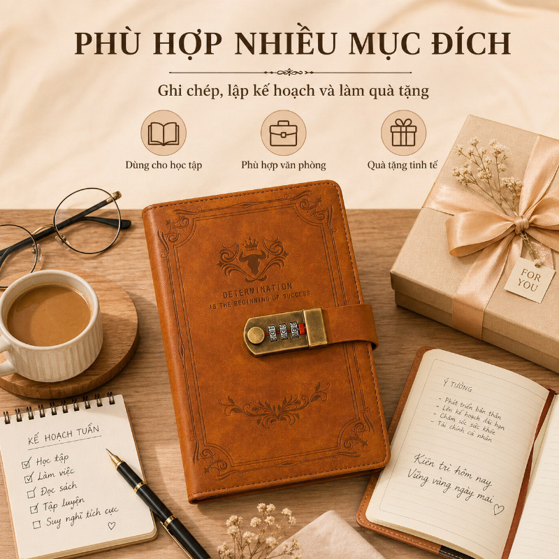 Sổ Tay Có Khóa Mật Khẩu A5 – Bìa Da PU, 200 Trang, Thiết Kế Retro, Quà Tặng Độc Đáo Để Ghi Chép & Lưu Giữ Kỷ Niệm