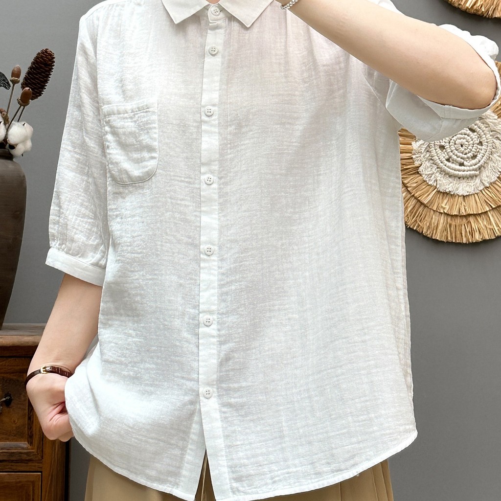 <![Sẵn Sàng] Áo sơ mi nữ mùa hè từ sợi cotton cao cấp, tay năm phần tư rời, thoáng mát và mềm mại