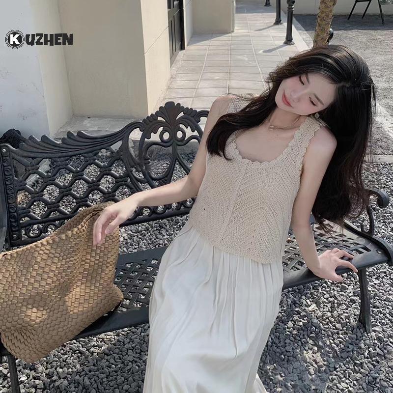KUZHEN Mùa Hè Vintage Rỗng Ra Dệt Kim Tank Top Nữ Màu Trơn Không Tay Crop Top HOT