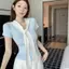 Khăn choàng khâu giả hai mảnh thêu áo thun dệt kim ngắn tay cho nữ mùa hè Slim