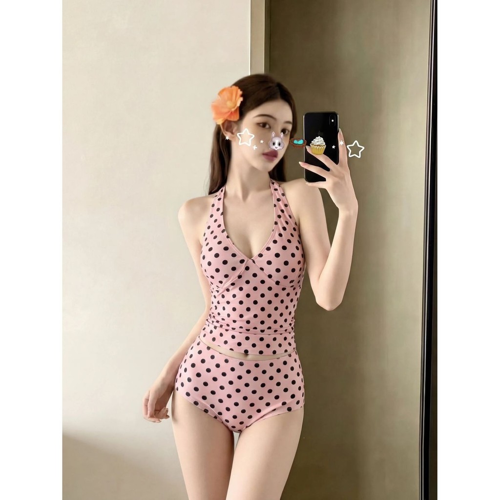 Lãng Mạn Pháp Ngọt Chấm Bi Chia Đồ Bơi Ba Mảnh Xù Gạc Váy Kỳ Nghỉ Nóng Mùa Xuân Đồ Bơi Nữ
