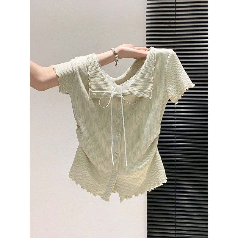 [Seckill trong thời gian có hạn] Mùa hè mỏng hơn dáng rộng hẹp phù hợp với phong cách mong muốn thuần khiết giả hai mảnh cổ tròn ren ngắn @ -