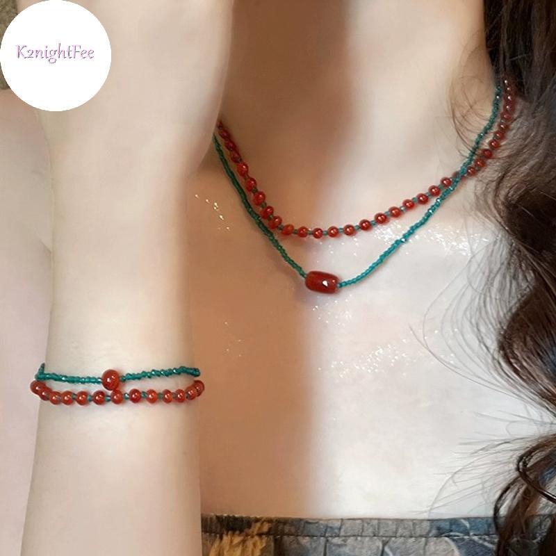 K2nightFee Retro Tinh Tế Đỏ Xanh Tương Phản Nhiều Màu Sắc Đính Hạt Nelace Dành Cho Nữ Bé Gái Ánh Sáng Sang Trọng Vòng Tay Trang Sức Phụ Kiện Quà Tặng VN