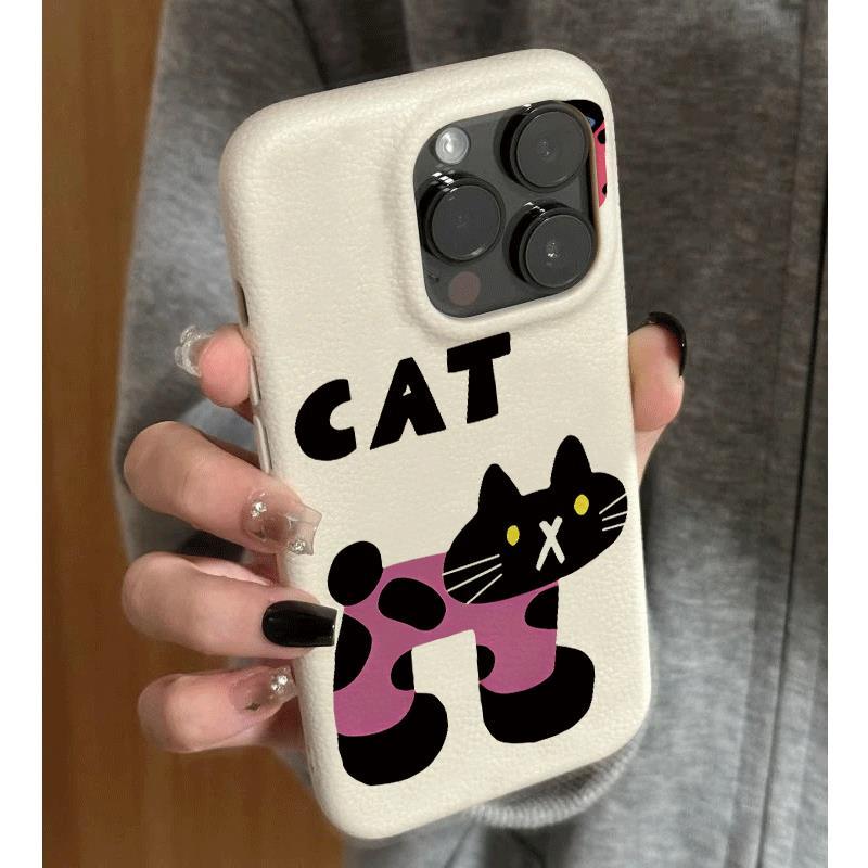 Màu hồng đen đánh vần mèo CATcho iPhone17promax trường hợp iPhone14/13/12giả da kết cấu