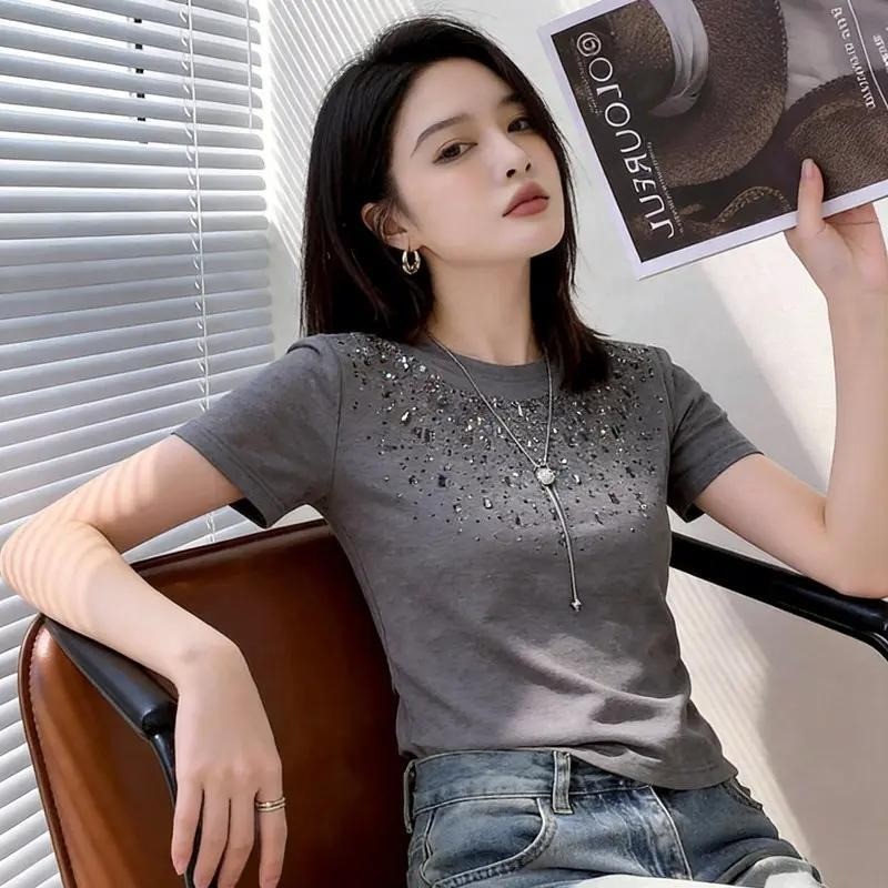 Áo thun cổ tròn mùa hè Hàn Quốc dành cho nữ tay ngắn dáng rộng giảm béo hàng đầu mới