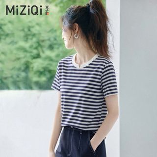 【MiZiQi】Áo thun sọc ngắn tay dành cho nữ, áo thun nữ cổ chữ V nhỏ gọn mùa hè
