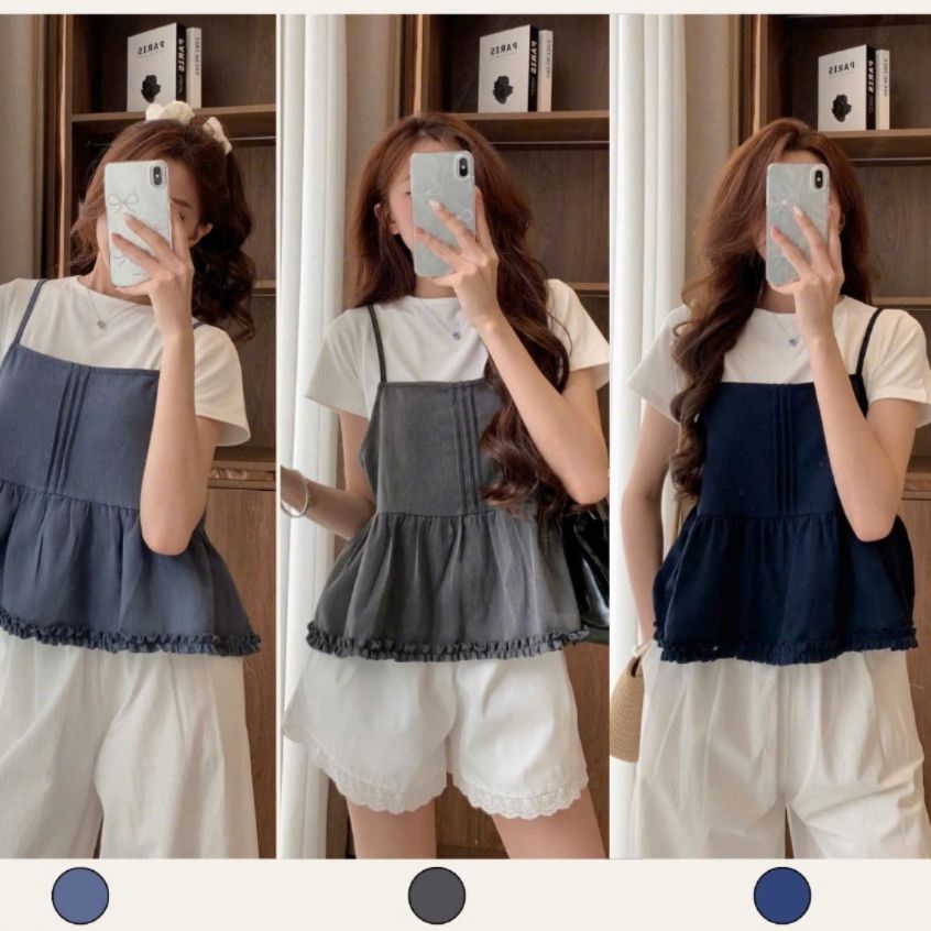 Set Đồ Nữ Áo Thun Trơn Cộc Tay Kèm Áo 2 Dây Xếp Ly Viền Bèo S800 Shees Thời Trang Nữ - SamHi Closet
