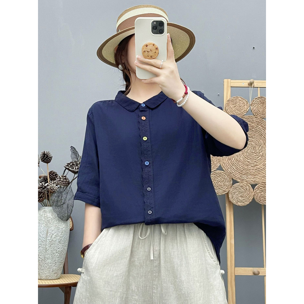 Áo Sơ Mi Nữ Sợi Cotton Cao Cấp Mùa Hè Pháp Văn Học, Ren Placket, Nút Màu, Tay Năm Điểm