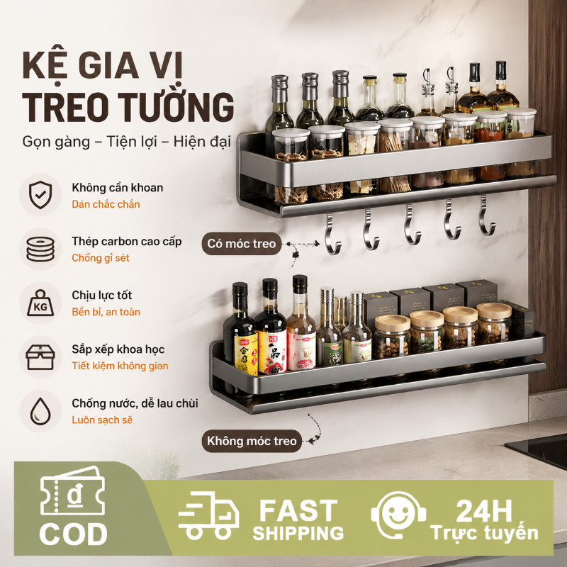 Kệ bếp đa năng dán tường, kệ để nhà bếp chống rỉ đựng gia vị và dao kéo
