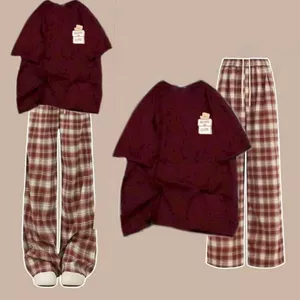 Bộ đồ kẻ caro đỏ quần dài + kết hợp áo phông chữ BEARSSSS unisex -CHANG3158