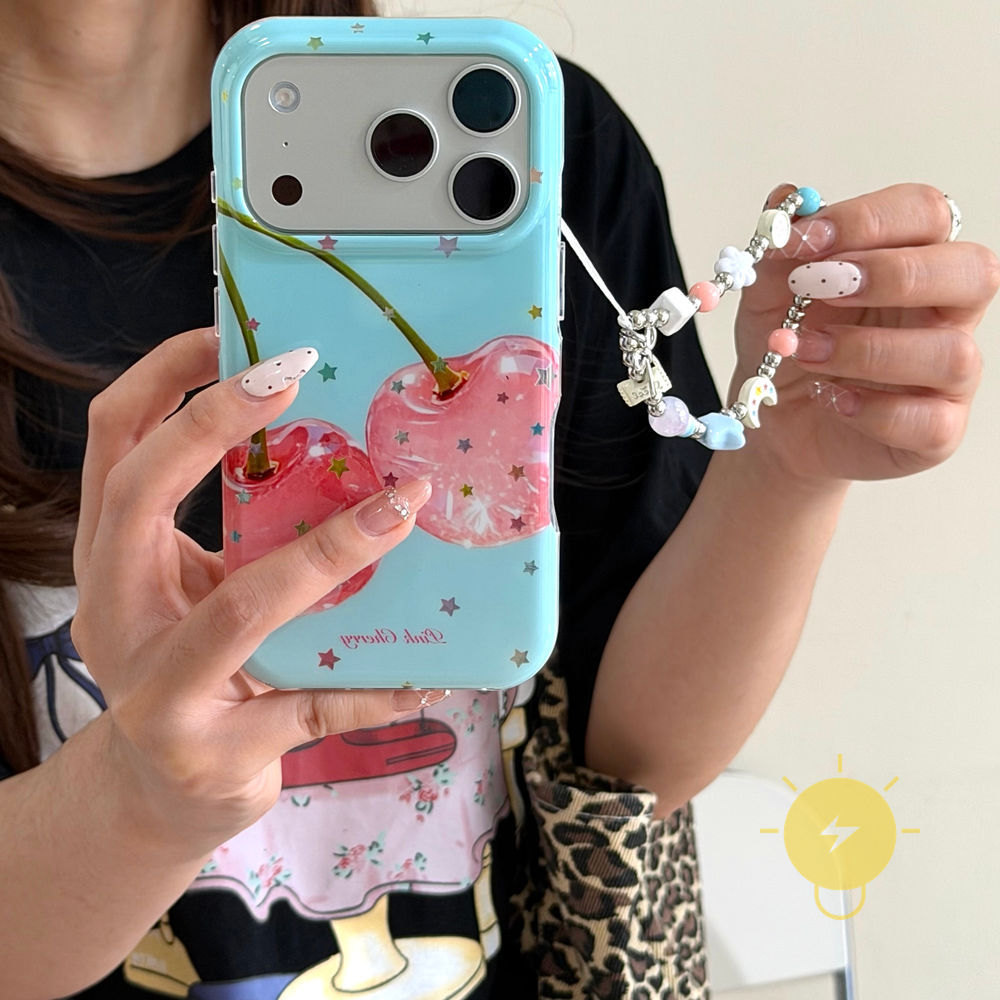 Phone Case For iPhone 17 Pro Max 16 15 14 13 TPU Keychain Chain Colorful Cherry Aesthetic Korean Cute