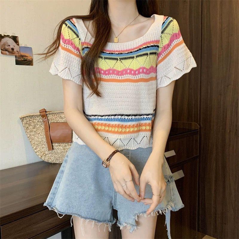 [Giảm giá 50%] Áo thun ngắn tay cổ tròn vuông phù hợp phong cách ngắn tay ngọt ngào dành cho nữ Mùa hè Phong cách mới thon gọn hơn trông mỏng dệt kim Sw
