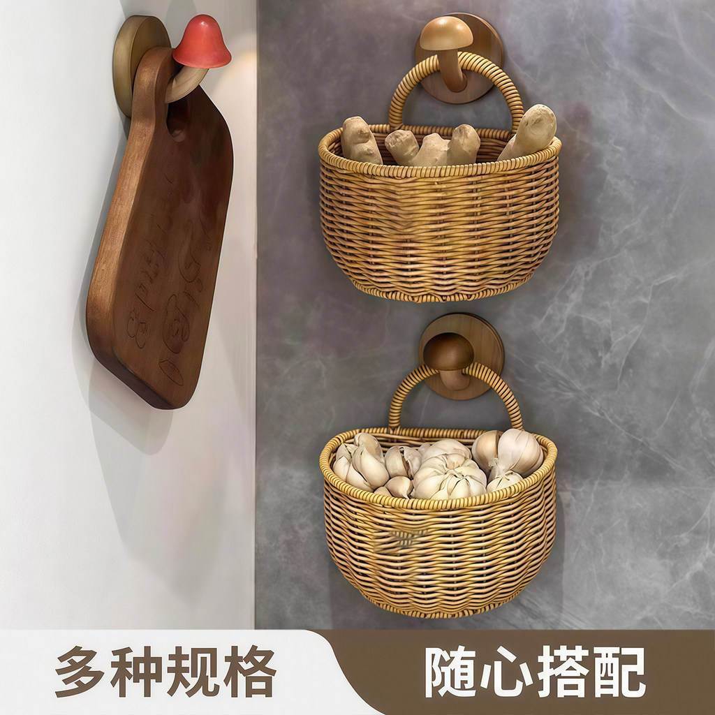 Giá để đồ nhà bếp treo tường cho vỏ sò Gừng và tỏi có móc và giỏ dệt