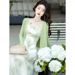 Bộ đồ hai mảnh áo len cardigan xanh phong cách cổ tích Super Fairy Forest, phù hợp xuân hè