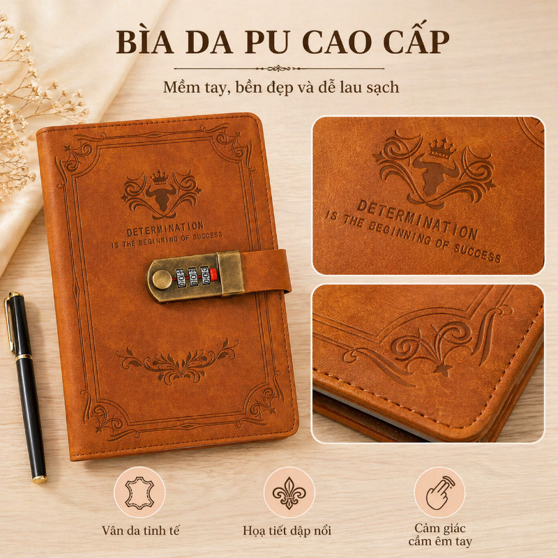 Sổ Tay Có Khóa Mật Khẩu A5 – Bìa Da PU, 200 Trang, Thiết Kế Retro, Quà Tặng Độc Đáo Để Ghi Chép & Lưu Giữ Kỷ Niệm