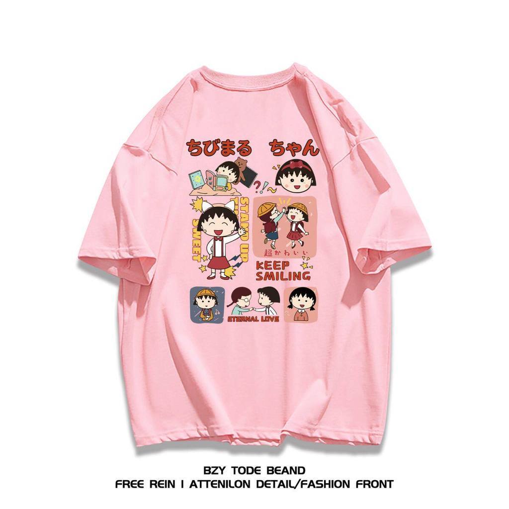Áo thun nữ in hình Chibi Maruko-chan, phong cách preppy, dễ thương.