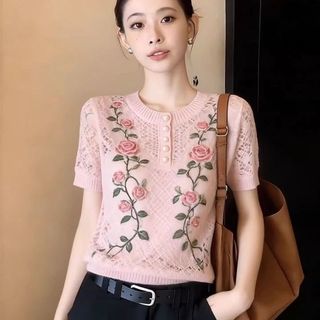 Dệt Kim Tay Ngắn Nữ Mùa Hè Cổ Tròn Đơn Giản Mỏng Hơn Nhìn Băng Lụa Áo Thun