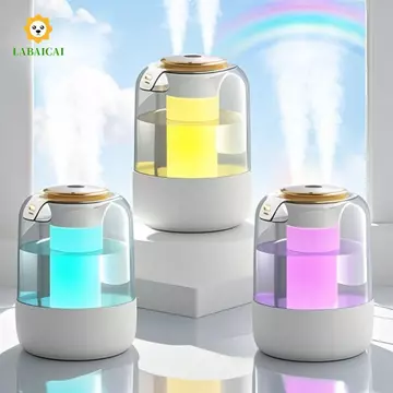 Máy sương để bàn LABAICAI, Máy tạo độ ẩm không khí phun sương có thể điều chỉnh vòi phun kép, Thiết kế lấp đầy sáng tạo Đèn ngủ đầy màu sắc Máy phun sương LED dung tích lớn Sử dụng trong nhà