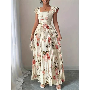 Váy Midi xếp li hoa màu be thanh lịch có cổ vuông xếp li và co giãn eo cao Slim Fit dự tiệc dạ hội