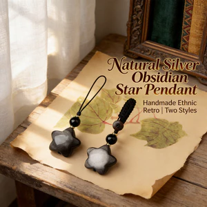 Mặt dây chuyền ngôi sao Obsidian bạc tự nhiên - Handmade Dân tộc Retro - Móc khóa Túi dây chuyền điện thoại Charm