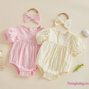 Bộ đồ liền thân cho bé gái sơ sinh Puff tay ngắn Ruffle Trim Trang trí áo liền quần họa tiết Jacquard với bộ băng đô