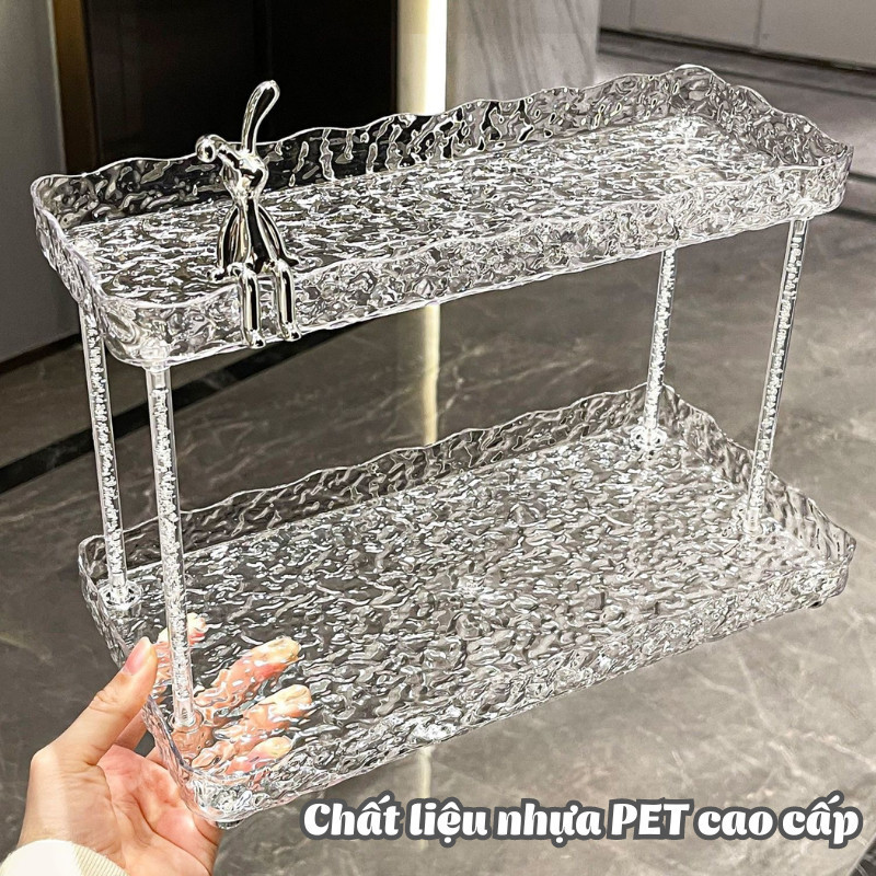 Kệ Đựng Mỹ Phẩm 2 Tầng Trong Suốt HomeMate, Khay Để Bàn Gợn Sóng Sang Trọng Đựng Skincare Trang Điểm