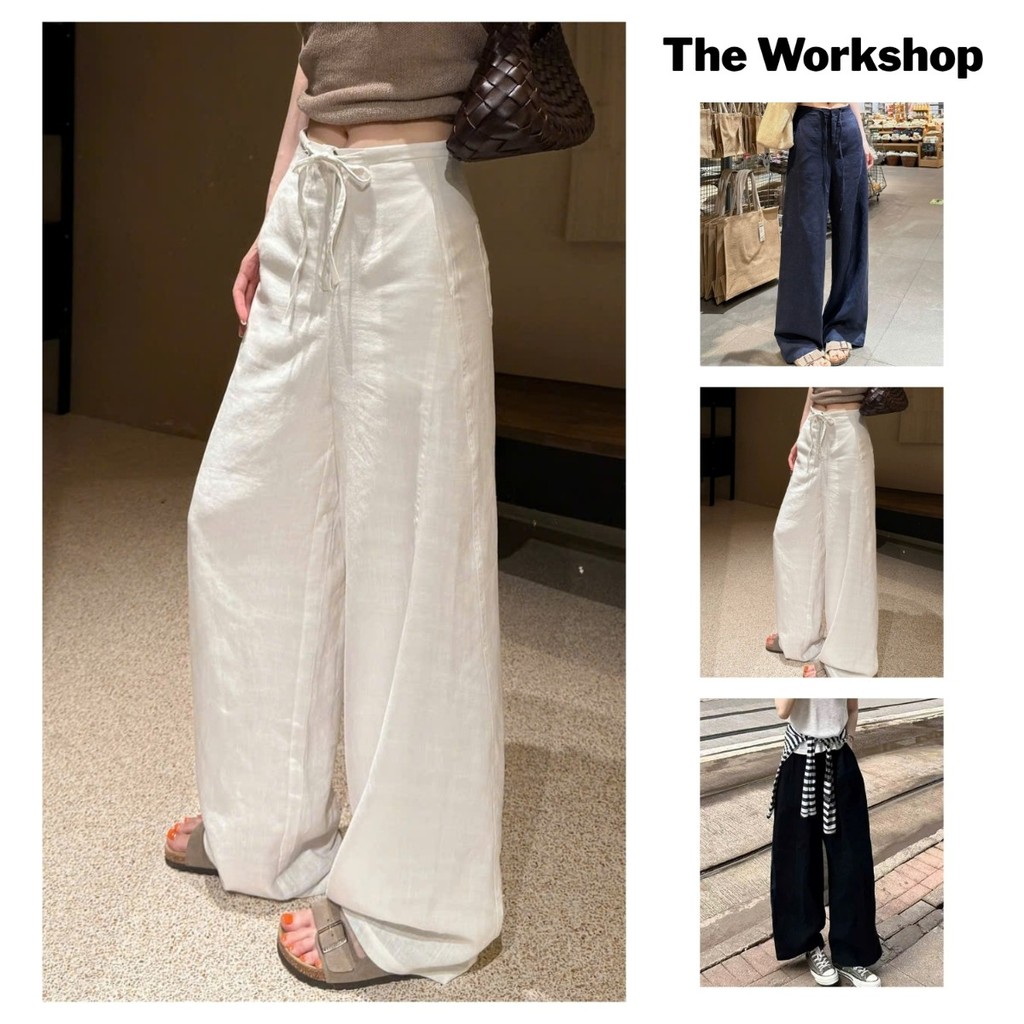 Quần dài nữ ống rộng cạp cao lịch sự chất kaki cotton dày dặn cao cấp mềm mại lưng thun thắt nơ quần dài mặc nhà QD37