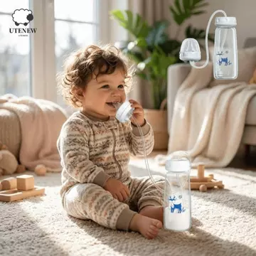 Bình sữa trẻ em UTENEW, Bình sữa trẻ sơ sinh rảnh tay 150 / 240ml, Bình sữa cổ bình đáng yêu Dễ dàng chống nghẹt Đồ dùng cho trẻ sơ sinh