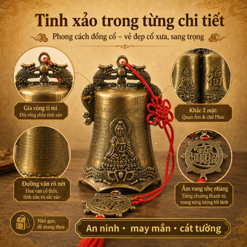 Chuông Gió Đồng Hút Tài Lộc – Mẫu Mã Cổ Điển, Âm Thanh Vang, Trang Trí Bàn Làm Việc, Góc Học Tập, Quà Tặng May Mắn