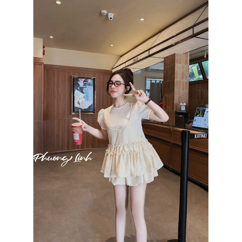 SÉT 3 MÓN , ÁO TRẮNG BABY DOLL , ÁO BI 2 DÂY BÈO , CHÂN  BI BÍ BYJOLIE