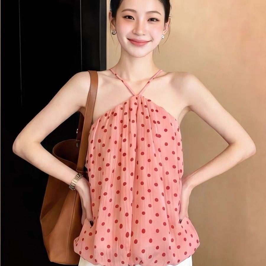 Sling Top Nữ Mùa Hè Pure Desire Chấm Bi Dây Cổ Sling Phong Cách Ngày Lễ Du Lịch Mặc Ống Rời Top Hoa Bud Áo Sơ Mi Bé Phù Hợp Với Hàng Đầu