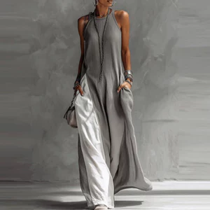 Thường Ngày Không Tay Mùa Hè Boho Kỳ Nghỉ Đầm Maxi Người Phụ Nữ Gợi Cảm Cổ Tròn Màu Sắc Tương Phản Đầm Dài Mùa Xuân Túi Chữ A Đầm Dự Tiệc