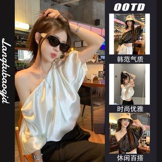 Một Vai Đơn Giản Thường Ngày Ngắn Tay Pháp Satin Cao Cấp 2026 Phong Cách Mới Rốn Lộn Vai Phồng Áo Thun Nữ Màu Be Mùa Hè Mỏng Hơn Nhìn Tất Cả