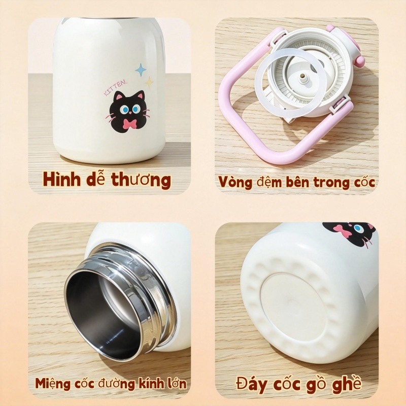 Bình Giữ Nhiệt Inox 316 Dung Tích 480ml - Có Ống Hút, Dây Đeo, Nắp Thú Dễ Thương, Cho Bé & Du Lịch