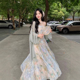Đầm dài cổ halter thêu tranh sơn dầu cao cấp cho Nữ mùa hè phong cách kỳ nghỉ bãi biển ngọt ngào