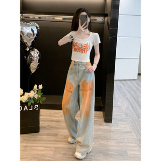 Bộ áo thun ôm dáng cổ chữ U in chữ nổi 3D và quần jean rách phong cách Mỹ Trẻ Trung cho Nữ mùa Hè