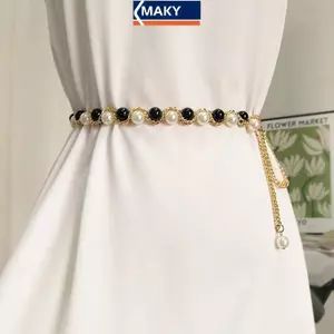 Thắt lưng nữ ngọc trai dây xích co giãn, phù hợp làm phụ kiện cho quần áo