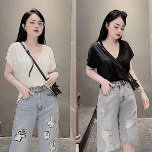 Áo phông cổ tim tay ngắn nữ TT 4 mùa💋Áo thun cổ tim nữ tay hến💋[freeship] Linh Tây.Clothing
